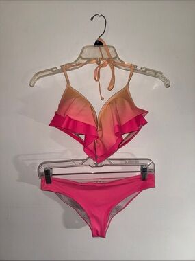 PINK Victoria's Secret Pink-to-Peach Ruffle Triangle Bikini set